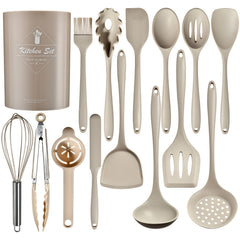 Silicone Kitchen Utensils Set 15pcs, Food Grade Silicone Cooking Utensils with Storage Holder, Non-Scratch Dishwasher Safe Non-Stick Cookware Friendly for Cooking Baking Frying Mixing Stirring Serving Grilling Kitchen Prep, Black & Khaki Available
