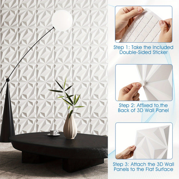 COSTWAY 50-Pack 3D Wall Panels, Textured Interior Decoration with Included Stickers, 30 x 30cm PVC Diamond Design for Office Hotel Living Room Bedroom TV Background Cover 4.5m² White, Home Decor, Office Decor, Stylish Wall Art, Modern Wall Decor, Lightwei