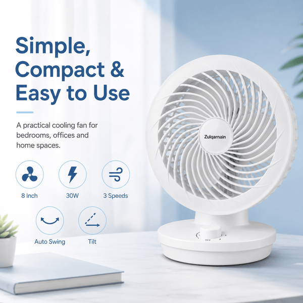 A2Z 8 Inch Table Fan Portable Desk Fan with 3 Speed Settings Oscillating Adjustable Tilt Head Indoor Fan with UK Plug for Home Office Bedroom