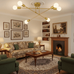 6-Light Modern Gold Sputnik Chandelier, Industrial Semi Flush Mount Ceiling Light Fixture, E27 Hardwired Metal Lamp for Living Room Dining Room