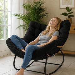 Egg Chairs Oversized Rattan Wicker Outdoor Rocking Chair Metal Frame Garden Rocking Chair Large Support Modern with Cushioned Seat