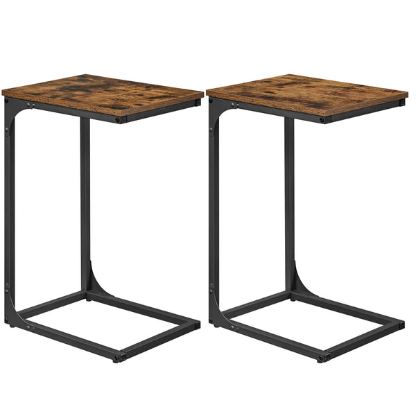 Set of 2 C-Shaped Side Table, Bedside Table, Sofa Side Table, Coffee Table, with Metal Frame, Industrial, for Living Room, Bedroom, Rustic Brown and Black