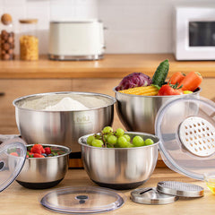 MIU Stainless Steel Mixing Bowls with Lids, 8 Piece Set, with 3 Grater Attachments