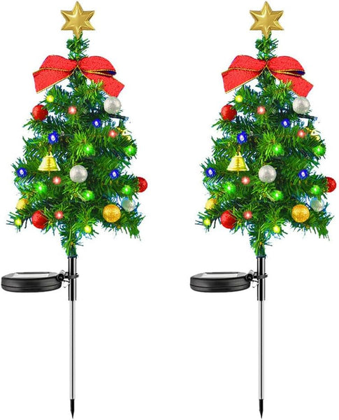2 Set Solar Xmas Christmas Tree & Pathway Lights - Waterproof Outdoor Decor with Bow & Bell