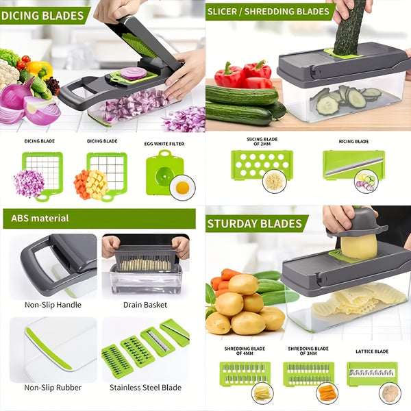 A Versatile Kitchen Gadget That Offers 16 Functions for Making Salads, Fruits, And Vegetables, Featuring Tools Like a Peeler, Cutter, Slicer, Dicer, And Chopper