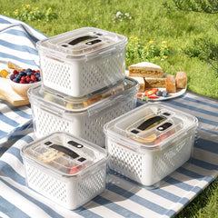 4 Piece Double Drainage Crisper, Outdoor Handheld Picnic Box, Field Fruit & Vegetable Organizer, Picnic Double Drainage, Refrigerator Crisper, Gray & White