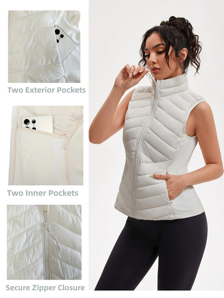 Women's Lightweight Outdoor Puffer Vest, Multi-Pocket Design, Elastic Waist Wrapping for Snug Warmth, Unique Zipper, Stand Collar, Polyester Filled