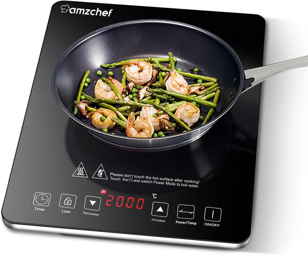 AMZCHEF Single Induction Cooker, Ultra-Thin Induction Hob with Fashion Look, 10-Level Power and Temperature Control, Black Frosted Glass Panel, Touch Sensor, 3-Hour Timer, Safety Lock