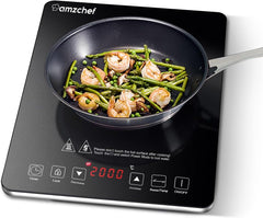 AMZCHEF Single Induction Cooker, Ultra-Thin Induction Hob with Fashion Look, 10-Level Power and Temperature Control, Black Frosted Glass Panel, Touch Sensor, 3-Hour Timer, Safety Lock
