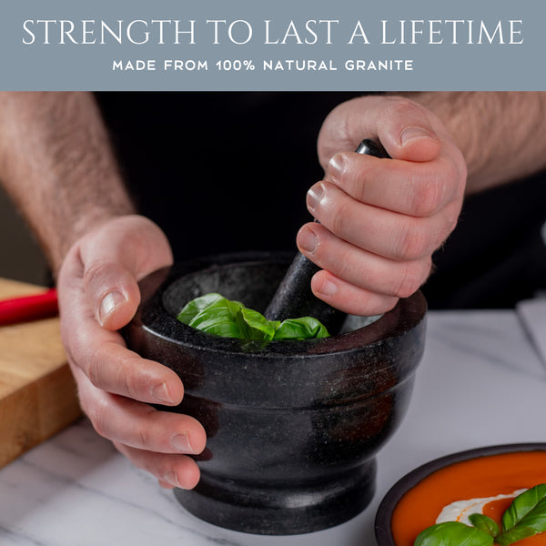 Homiu Pestle And Mortar Set | Granite Stone Large Bowl Grinder with Base | Premium Kitchenware Natural Stone, Solid and Durable, Spice Garlic Herb Crusher Seed Grinder| Large Black 14.5cm Diameter