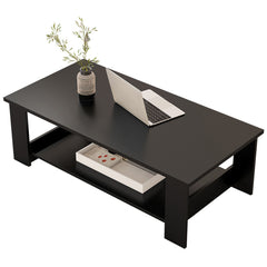 Modern Black Coffee Table with Lower Storage Shelf - Living Room Tea Side End Desk, Contemporary Design with Magazine Rack & Open Storage