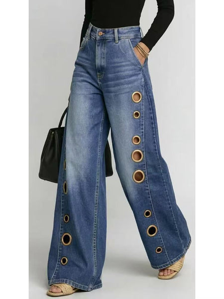 Women's Retro High Elasticity Denim Pants with Metal Circles Design- Long Versatile Jeans for Women, High-waist Trousers, Trendy Womens Clothes for Summer, All Seasons Style, Fabric, Hand Washable, Slim Fit, Suit for Daily Wear