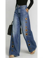 Women's Retro High Elasticity Denim Pants with Metal Circles Design- Long Versatile Jeans for Women, High-waist Trousers, Trendy Womens Clothes for Summer, All Seasons Style, Fabric, Hand Washable, Slim Fit, Suit for Daily Wear