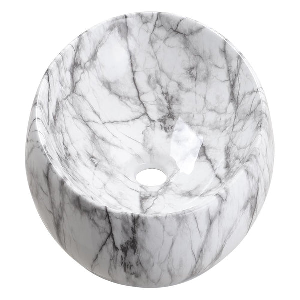 White Ceramic Bathroom Vanity Wash Basin Sink Countertop Oval Marble Effect Bowl With Stainless Steel Drainer Kit, Hand Wash Basin, Classic Design White Marble Effect Oval Sink for Bathroom Lavatory, Hotel Vanity Unit, 48x34x14.5cm, Only Basin