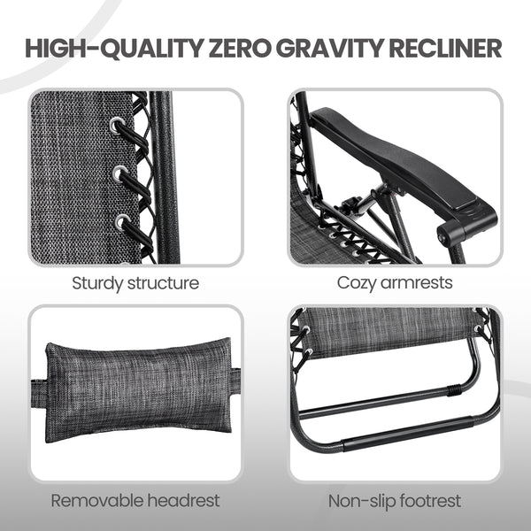 Costoffs 2PCS Zero Gravity Chair Foldable Patio Chair Outdoor, 65cm/72cm Lounge Camping Chair with Unfixed Padded Pillow/Armrest/Footrest, Black/Beige/Grey/Navy Blue for Outdoor Use Only