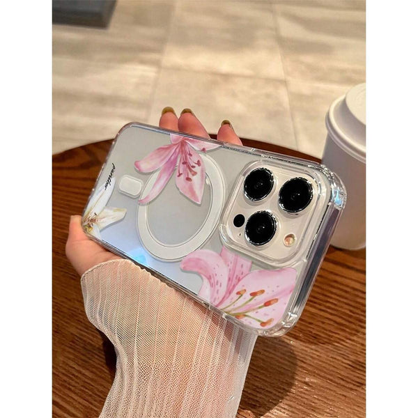 Phone case: 1pc Transparent Wireless Magnetic Lily Flower Design Phone Case, Soft+ Hard Material, Suitable as a Holiday Gift Compatible with iPhone 15 16 Pro/Pro Max/14 15 16 Plus, Anti-Fingerprints and Scratch-Resistant, Shockproof Anti-Drop