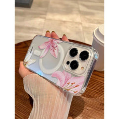 Phone case: 1pc Transparent Wireless Magnetic Lily Flower Design Phone Case, Soft+ Hard Material, Suitable as a Holiday Gift Compatible with iPhone 15 16 Pro/Pro Max/14 15 16 Plus, Anti-Fingerprints and Scratch-Resistant, Shockproof Anti-Drop