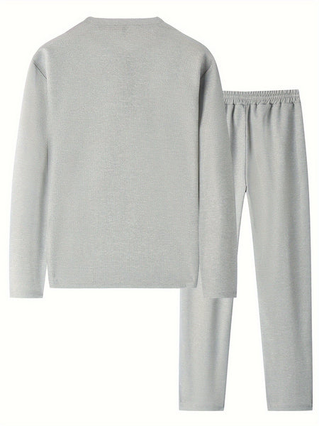 Men'S 2pcs Solid Color Waffle Casual Set, Long-Sleeved Round Neck Pullover Sweatshirt And Solid Color Drawstring Pants, Chic And Comfortable Casual Set, Suitable for Men'S Daily Casual Wear, Vacation Wear, Spring And Autumn Men'S Clothing