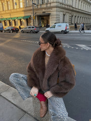 PEACHYZL Women'S Elegant Faux Fur Coat - Thickened Winter Jacket with Plush Lining, Loose Fit Long Sleeve Coat for Fall/Winter, BrownRed/