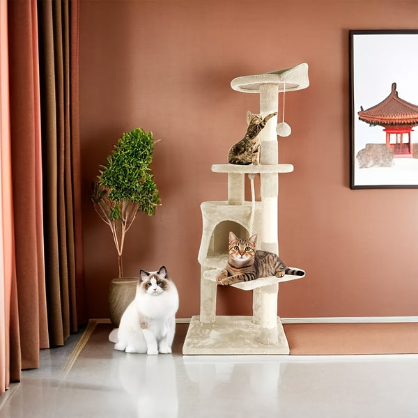 1pc 4-storey Luxury Super-large Cat Climbing Frame Cat Platform 40cm * 40cm * 122cm15.74in * 15.74in * 48.03in Beige Cat Tree Thick Hemp Tied with Thick Support Column Thick Density Board Durable for Cats, Indoor Use, Perfect Gift for Cats Cat