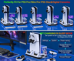 For Ps5/Slim/Pro Cooling Station Stand with Dual Controller Charging Station for Playstation 5 Console, for PS5 Additions Incl. Controller Charger, Cooling Fan, Headset Holder, 3 USB Hub