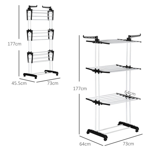 4 Tier Large Clothes Airer with Wings, Retractable Folding Drying Rack with Wheels for Indoor & Outdoor Use, 190 × 64 × 170 cm, Grey