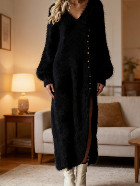 2026 Autumn and Winter V-neck Loose Lazy Style Button Decoration Slit Dress Temperament