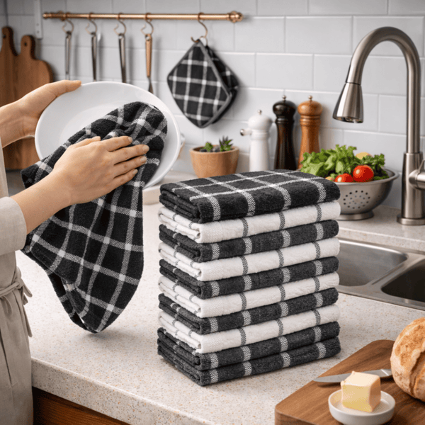 Pack of 10 & 5 Terry Toweling 100% Cotton Dish Cloths Catering Bar Towel Super Absorbent Lint Free Quick Dry Heavy Duty Soft Kitchen Tea Towels Dishcloths for Washing Up Scrubbing Machine Washable Extra Large 70 X 40 Cm (Black/ Blue/red Multicolor Check P