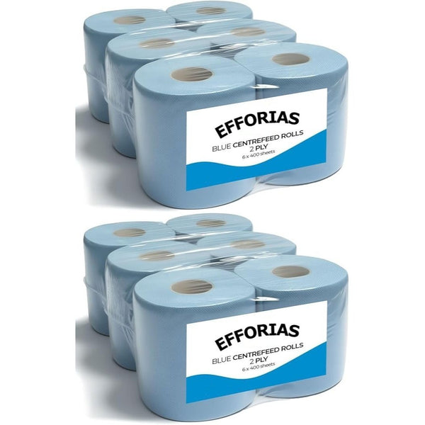 12 X Efforias Centrefeed Blue Rolls | 2 Ply Embossed Paper Towels | Strong & Absorbent | Perfect for Commercial & Kitchen Use Cleaning Toilet