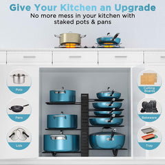 Pots and Pans Organizer, 8 Tier with 3 DIY Methods, Adjustable Rack for Cabinet, Kitchen Organization, Storage and for Pot Lid