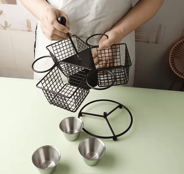 1pc Rotating French Fry Basket with Dipping Cup Compatible for French Fries, Onion Rings, Wings - Heavy-Duty Stainless Food-Contact Rotator System, Countertop/Floating Shelf Fryer Basket for & Commercial Kitchens