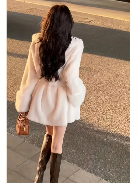 Fashion Imitation Coat Furcollar Lace-up Mid-length Belt Coat Women's Autumn and Winter Design Warm Top