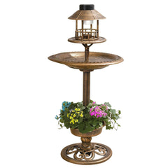 Taylor & Brown 3 In 1 Copper Effect Bird Bath & Table Bird Hotel Feeder with Solar Light and Planter Lightweight Fountain Decoration Garden Outdoor Birds Water, Bronze