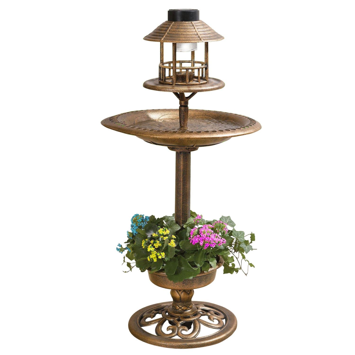 Taylor & Brown 3 In 1 Copper Effect Bird Bath & Table Bird Hotel Feeder with Solar Light and Planter Lightweight Fountain Decoration Garden Outdoor Birds Water, Bronze