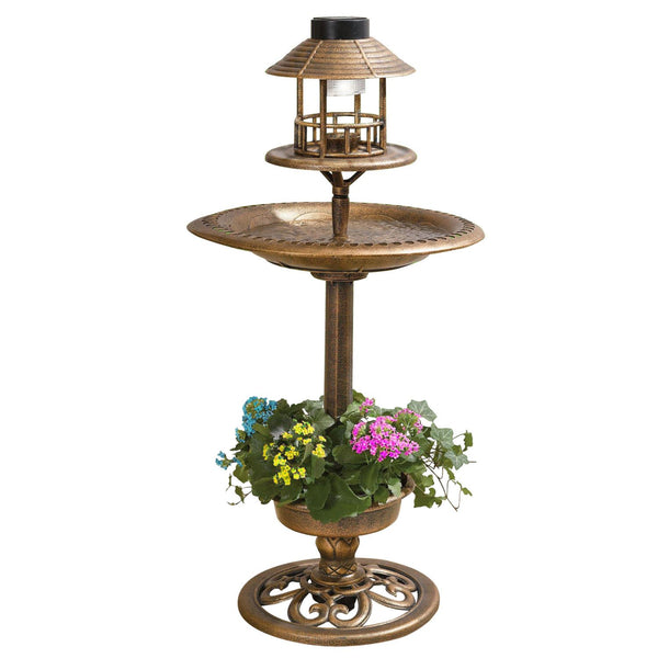 Taylor & Brown 3 In 1 Copper Effect Bird Bath & Table Bird Hotel Feeder with Solar Light and Planter Lightweight Fountain Decoration Garden Outdoor Birds Water, Bronze