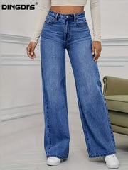 Women'S 2026 Autumn Winter New Stretch Straight-Leg Jeans, High-Waisted Loose Fit Jeans. Washed Blue Denim Trousers with Pockets, Tummy Control Comfort Pants, Elegant Ladies' Outfit, Wide Leg Casual Pants Suitable for Work, Travel And Office Wear