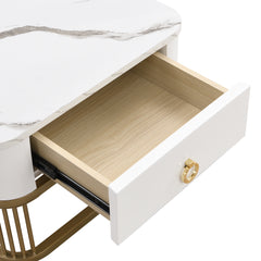 Modern Pedestal Base Space Saving Coffee Table Set of Two, Engineered Wood and Artificial Board Construction, Hardwood, Black Finish, High Gloss Stone Table Top, Metal Golden Accents, with Drawer, Without Electricity, Battery Free.