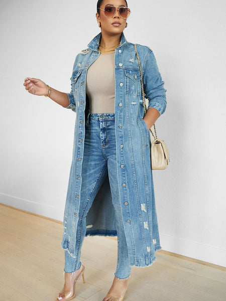 New Style Ripped Denim Jacket with Genuine Pockets - Long Women's Denim Jacket