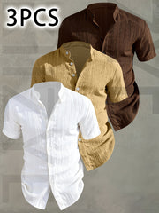 [Pearson OBM] 3pcs Men'S Summer Short Sleeve Shirt - Lightweight Breathable Solid Color Button-Up Casual Shirt with Stand Collar, Machine Washable for Beach Vacation, Pool Party And Casual Attire, Beach Shirt, Perfect for Gifting