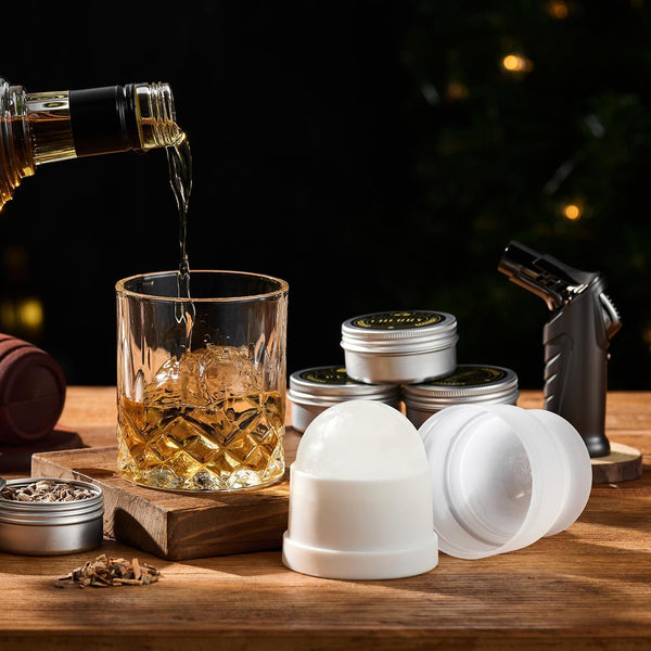 Whiskey Smoker Kit with Torch - 6 Flavors Wood Chips, 2 Glasses, 2 Ice Ball Molds - Cocktail Smoker Infuser Kit, Old Fashioned Drink Smoker Kit, Birthday Bourbon Gifts for Men,Dad(No Butane)