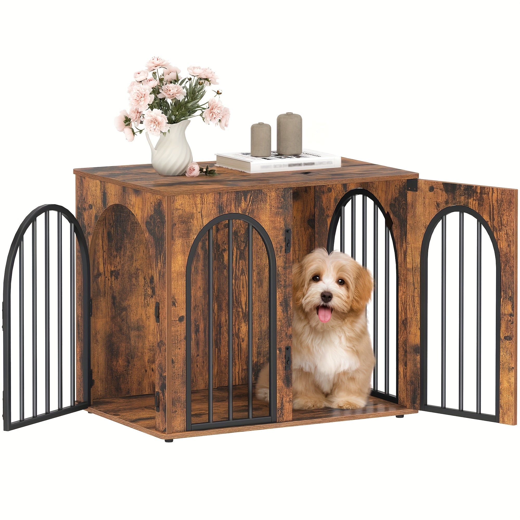 Dog Crate Furniture, 68cm Wooden Dog Crate, Indoor Kennel for Small Dogs, End Side Table Animal Crates, Anti-Chew, Anti-Escape, Arched Door Design, White Brown