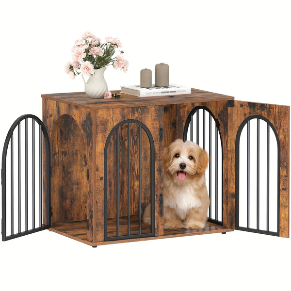 Dog Crate Furniture, 68cm Wooden Dog Crate, Indoor Kennel for Small Dogs, End Side Table Animal Crates, Anti-Chew, Anti-Escape, Arched Door Design, White Brown