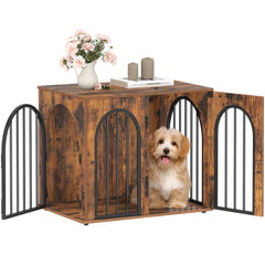 Dog Crate Furniture, 68cm Wooden Dog Crate, Indoor Kennel for Small Dogs, End Side Table Animal Crates, Anti-Chew, Anti-Escape, Arched Door Design, White Brown