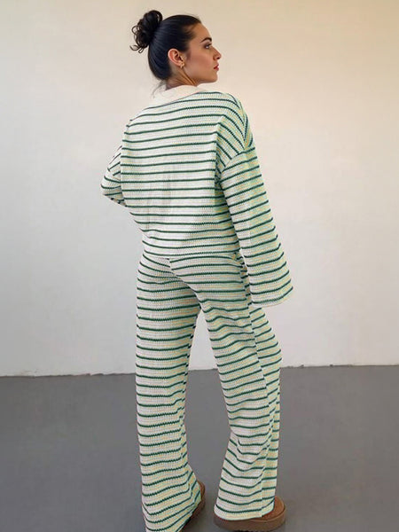 Women'S Color Matching Stripe Long Sleeve Top & Wide Leg Trousers Co-ord, Street Womenswear