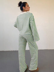 Women'S Color Matching Stripe Long Sleeve Top & Wide Leg Trousers Co-ord, Street Womenswear