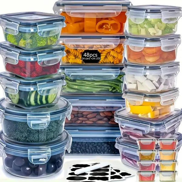 48pcs / 24pcs Plastic Refrigerator Storage Boxes, (24/12 Lids + 24/12 Containers) Kitchen Fresh‑Keeping Container Set, Refrigerator And Freezer Organizers, Fruit And Vegetable Sealed Boxes, Airtight Design, Easy‑Open Lids, Stackable Design, with Labels An