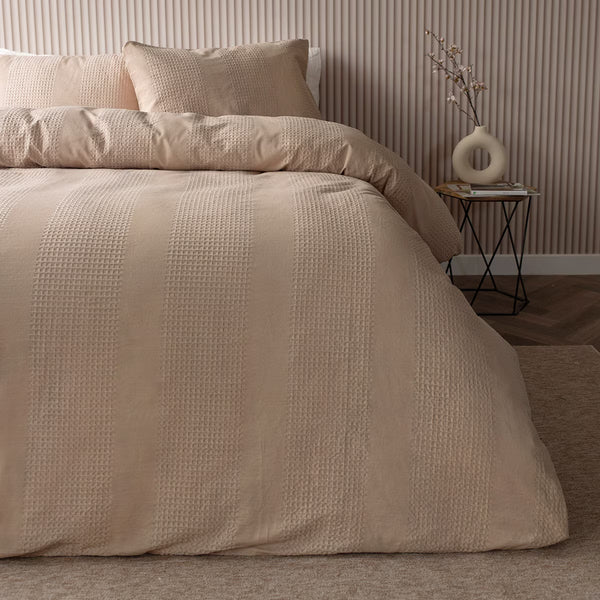 Belledorm Waffle Stripe Duvet Set in 4 Sizes, Latte