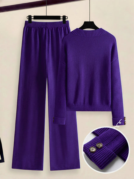 Women's 2pcs Set with Side Stripe| Crewneck Sweater & Relaxed Fit Straight Leg Pants| Soft Loungewear for Spring Autumn | European Casual Y Style