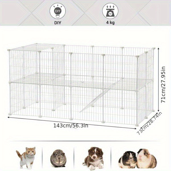 Two-Story Metal Pet Playpen with 36 Grid Panels, Cage for Small Animals Like Guinea Pigs, Hamsters, And Rabbits, Includes a Mallet, Suitable for Indoor Use, Dimensions 143 X 73 X 71 Cm