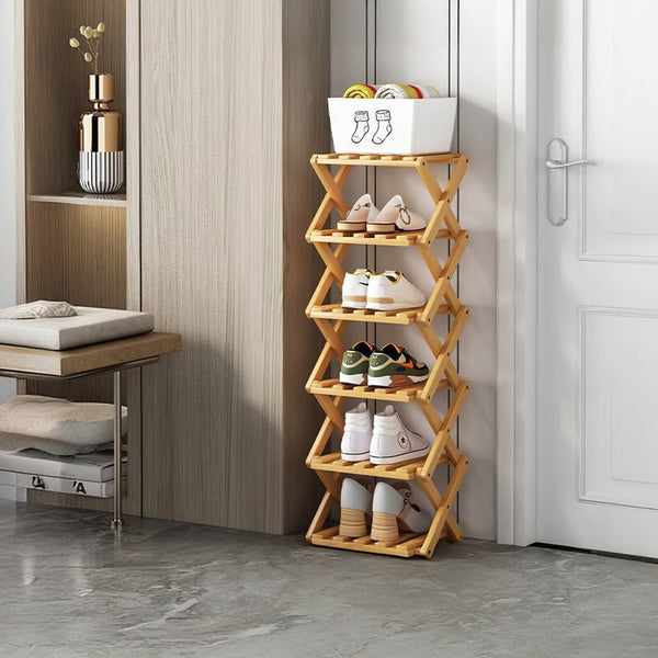 4/5/6/7 Tiers Bamboo Wooden Shoe Rack, Vertical Shoe Racks Storage Shelves Tall Shoe Tower, Collapsible Narrow Shoe Stand, Installation Free Folding X-Shape Shoe Racks Sneakers Slippers Holder Organizer, Multi Functional Shoe Rack Durable Footwear Cabinet
